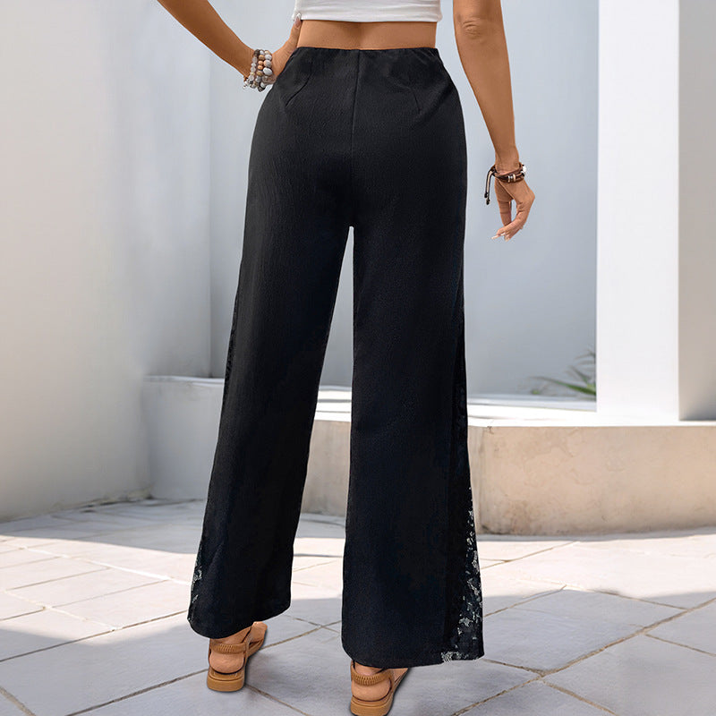 Wide-Leg Pants with High Waist and Lace Patchwork