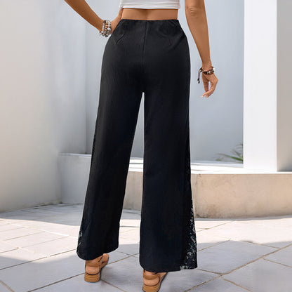 Wide-Leg Pants with High Waist and Lace Patchwork