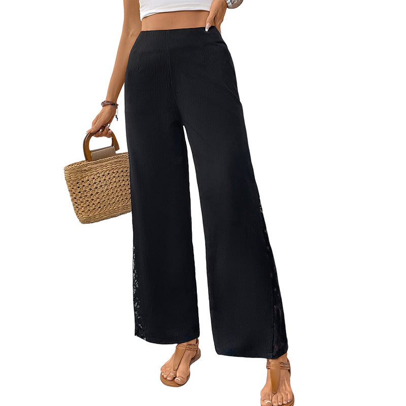 Wide-Leg Pants with High Waist and Lace Patchwork