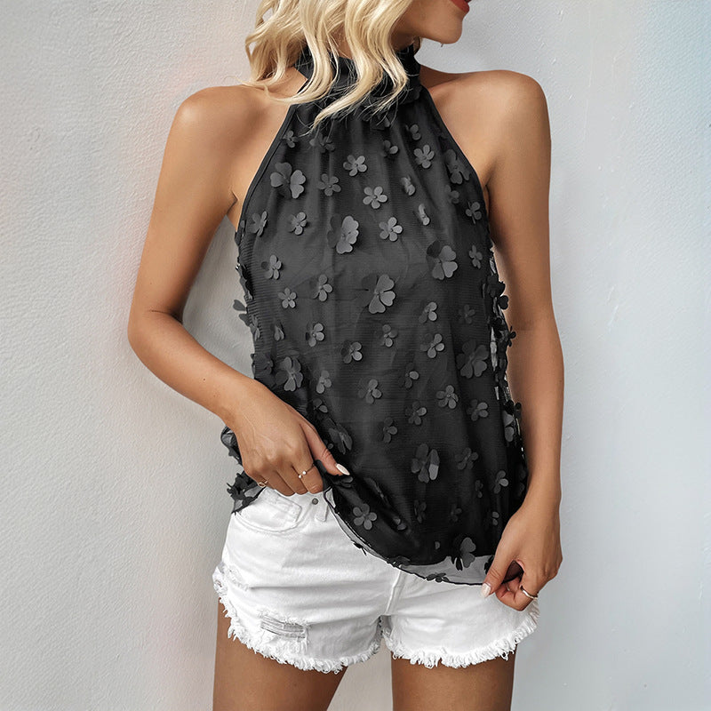 3D Floral Applique Halter Top with Mock Neck