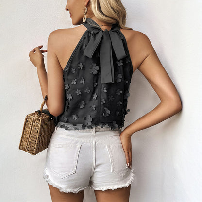 3D Floral Applique Halter Top with Mock Neck