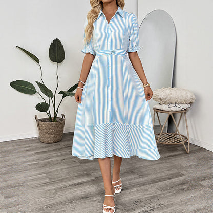 Striped A-Line Shirt Dress with Puff Sleeves