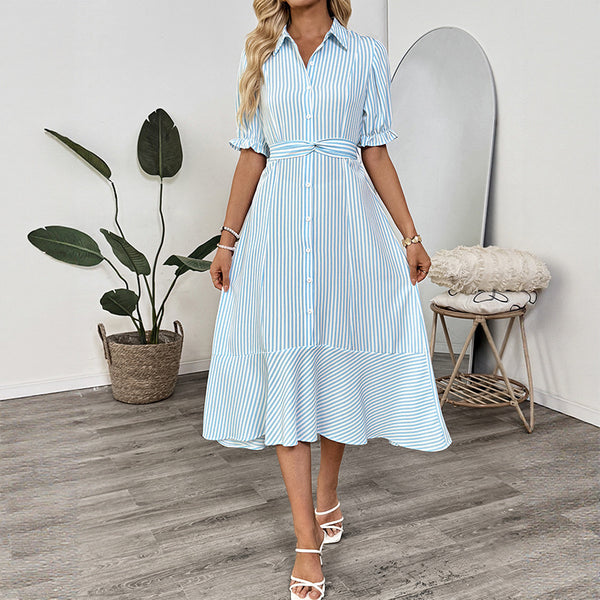 Striped A-Line Shirt Dress with Puff Sleeves
