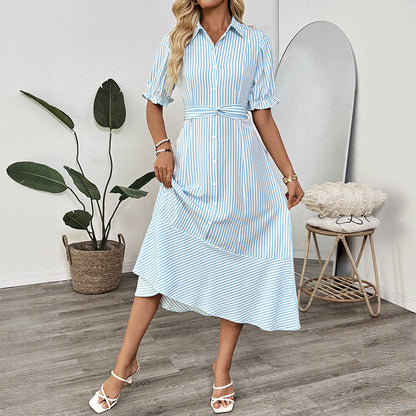 Striped A-Line Shirt Dress with Puff Sleeves