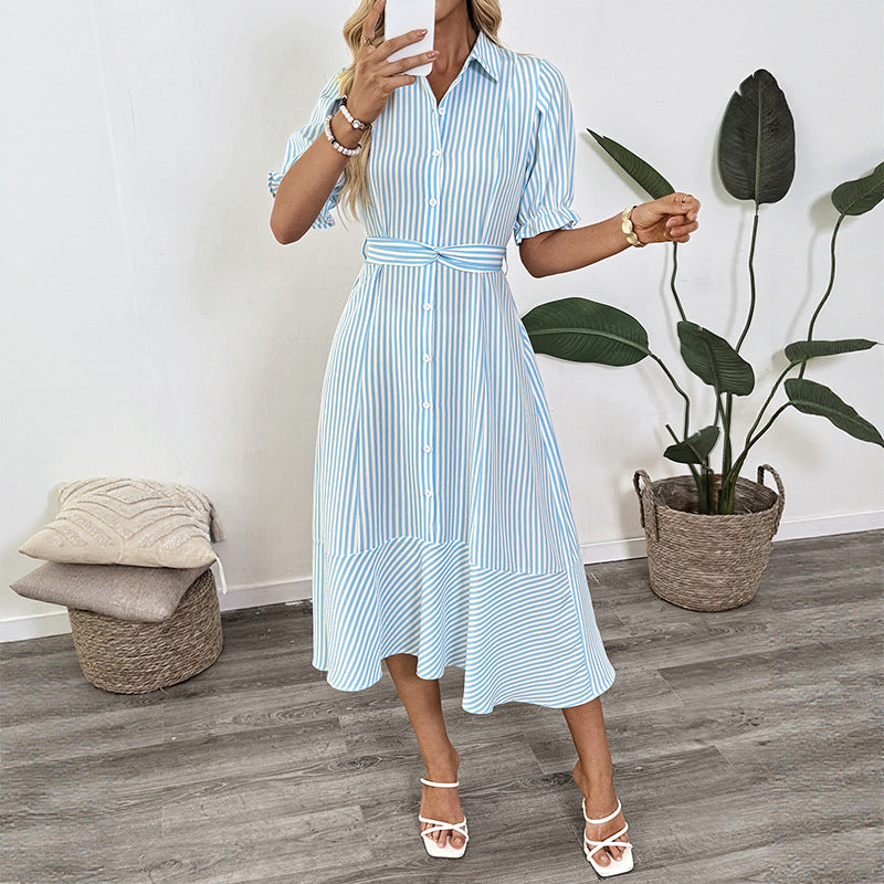 Striped A-Line Shirt Dress with Puff Sleeves