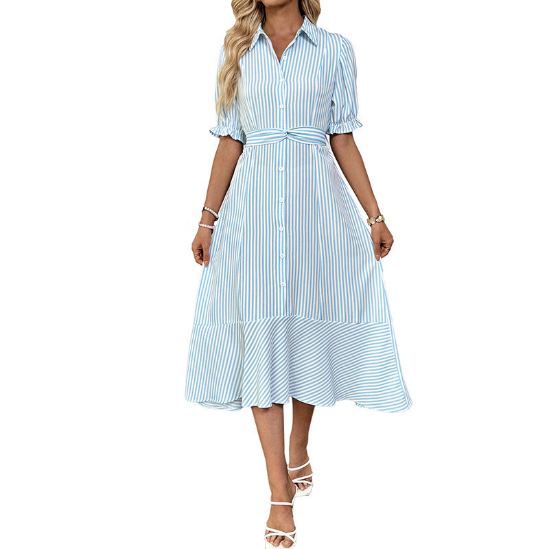 Striped A-Line Shirt Dress with Puff Sleeves