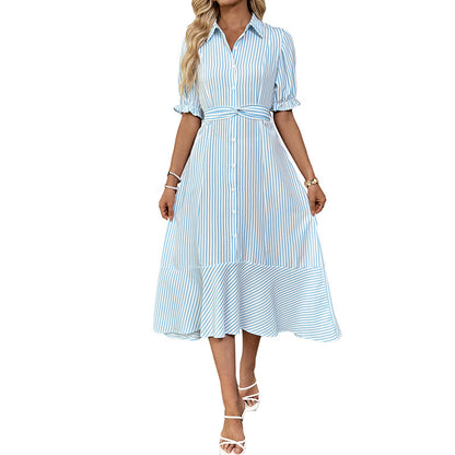 Striped A-Line Shirt Dress with Puff Sleeves