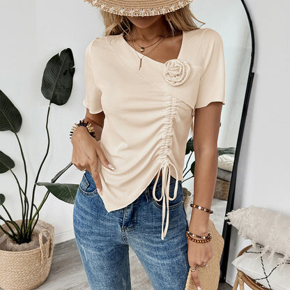 Ribbed Asymmetrical Top with Drawstring Ruching and Floral Appliqué