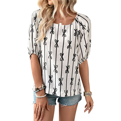 Striped Bow Blouse with Puff Sleeves and Square Neck