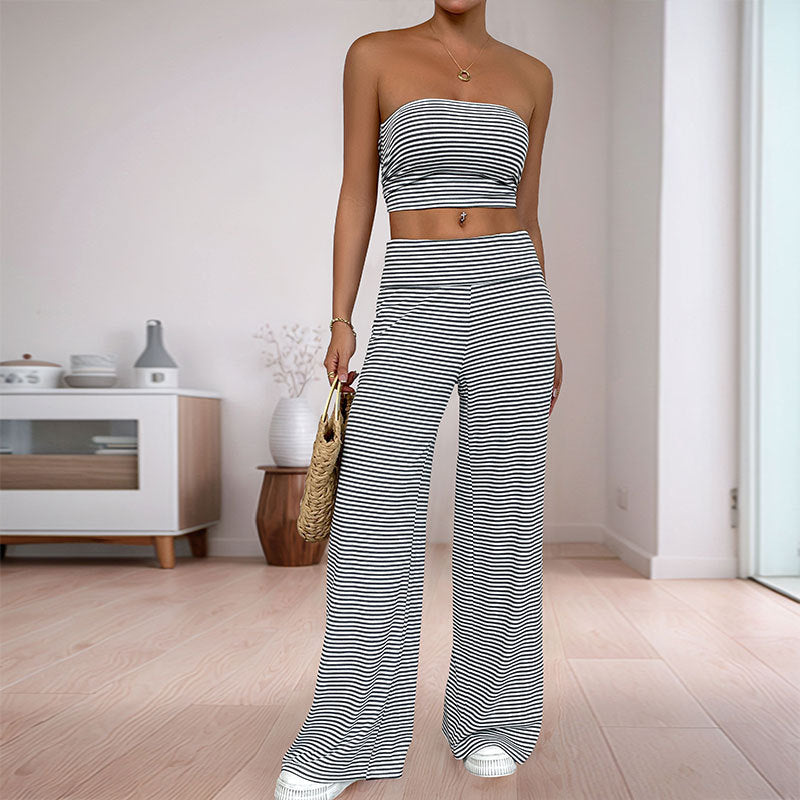 Striped Tube Top and Wide-Leg Pants Set