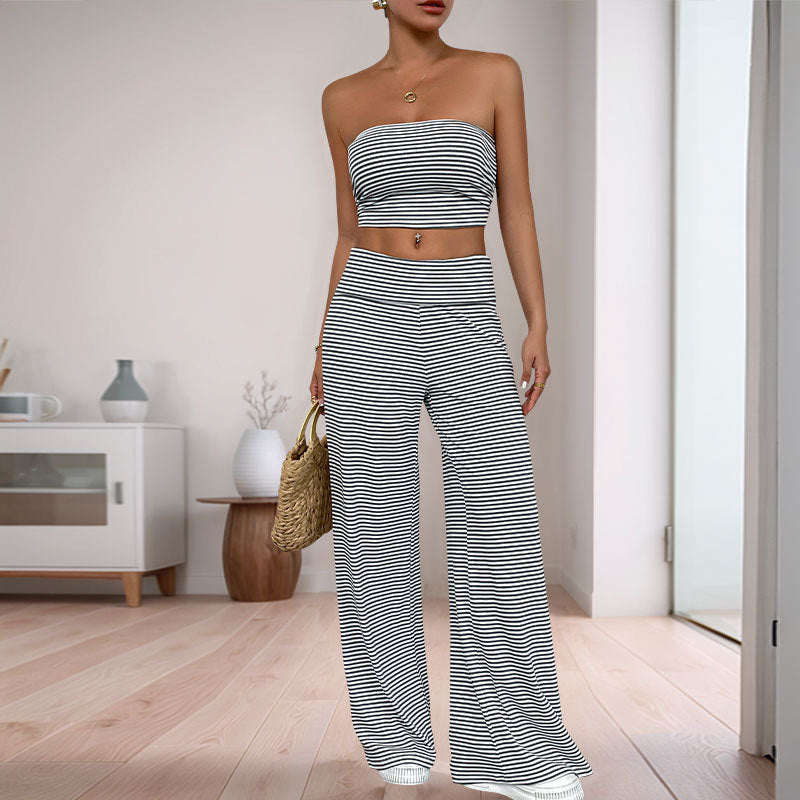 Striped Tube Top and Wide-Leg Pants Set