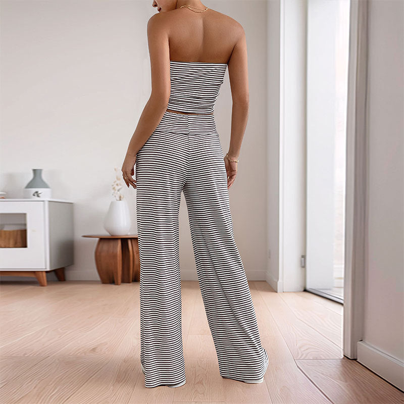 Striped Tube Top and Wide-Leg Pants Set