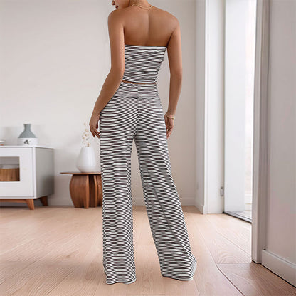 Striped Tube Top and Wide-Leg Pants Set