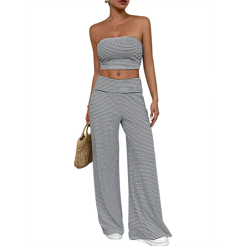 Striped Tube Top and Wide-Leg Pants Set