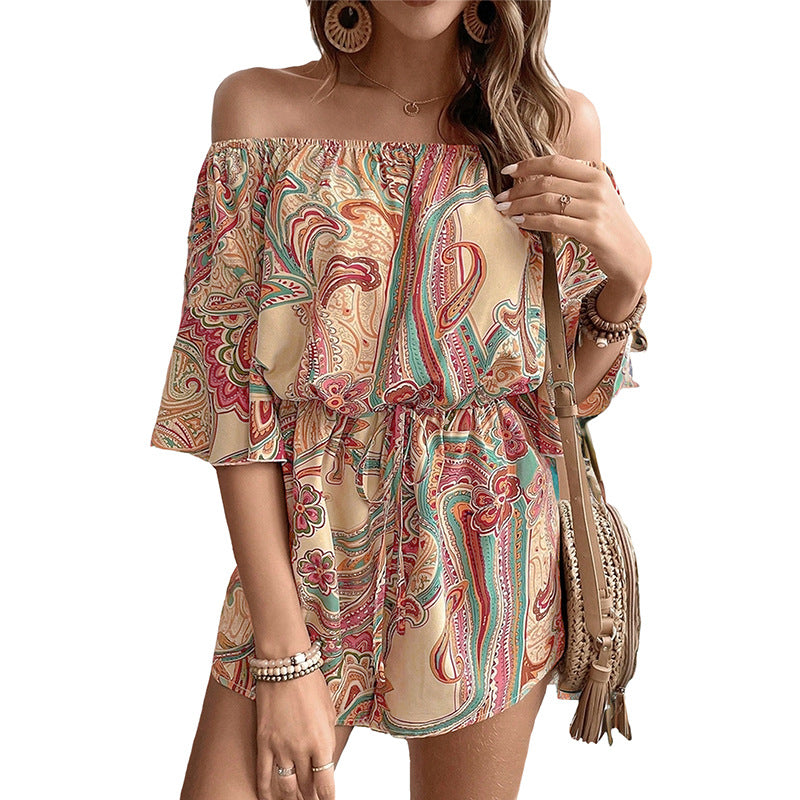 Paisley Print Off-Shoulder Romper with Puff Sleeves