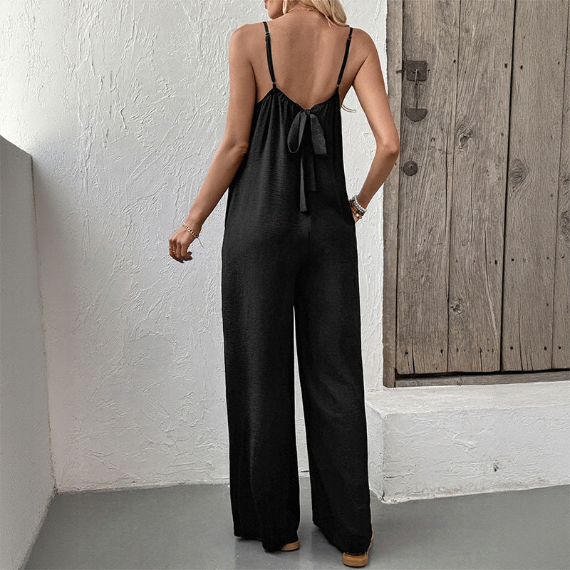 High-Waist Sleeveless Wide-Leg Jumpsuit with Lace V-Neck