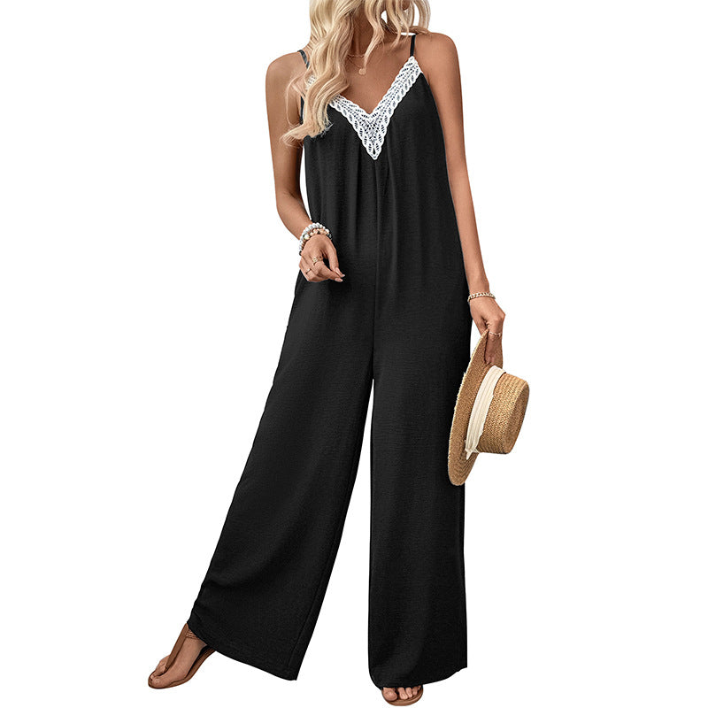 High-Waist Sleeveless Wide-Leg Jumpsuit with Lace V-Neck