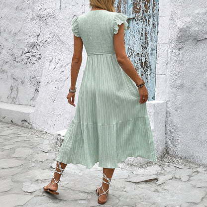 A-Line Midi Dress with Button Front and Flutter Sleeves