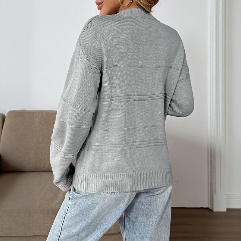 Loose Sweater with V-Neck and Horizontal Knit Detail