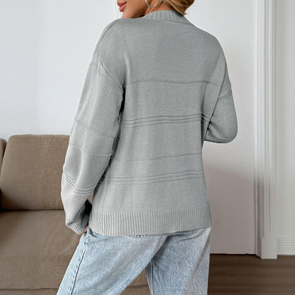 Loose Sweater with V-Neck and Horizontal Knit Detail
