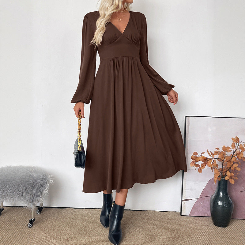 Viscose A-Line Midi Dress with V-Neck and High Waist