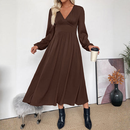 Viscose A-Line Midi Dress with V-Neck and High Waist