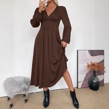 Viscose A-Line Midi Dress with V-Neck and High Waist