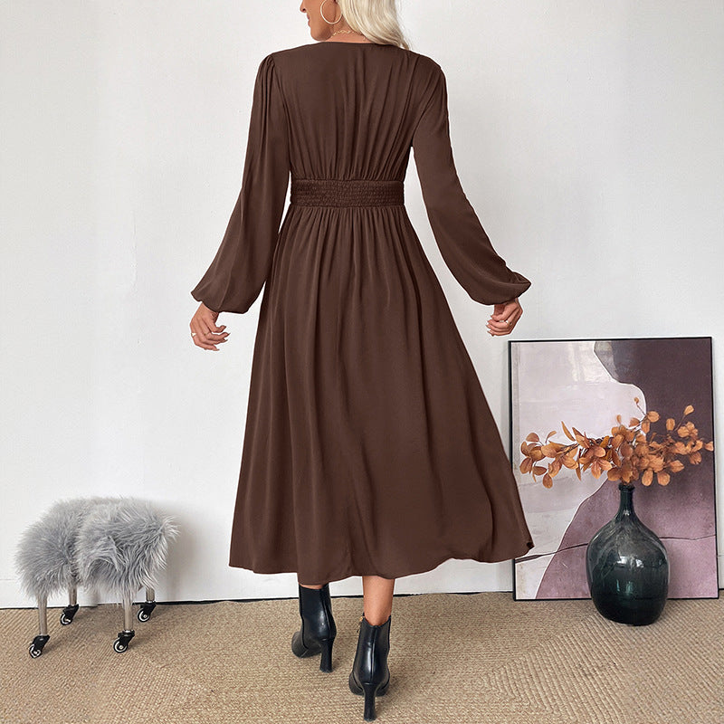 Viscose A-Line Midi Dress with V-Neck and High Waist