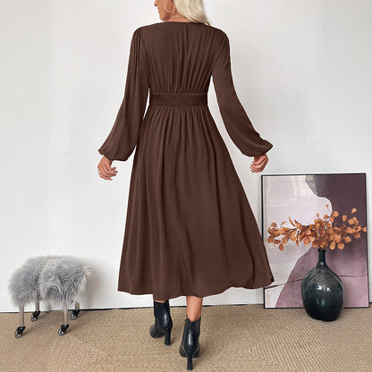 Viscose A-Line Midi Dress with V-Neck and High Waist