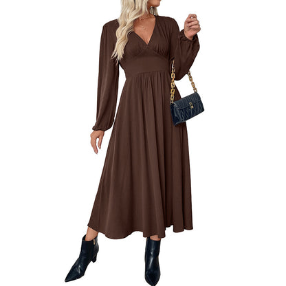 Viscose A-Line Midi Dress with V-Neck and High Waist