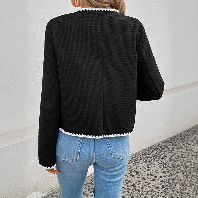 Textured Open-Front Jacket with Scalloped Contrast Trim
