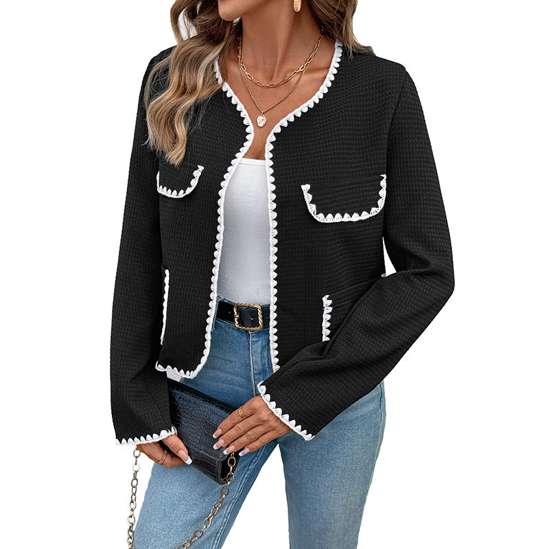 Textured Open-Front Jacket with Scalloped Contrast Trim