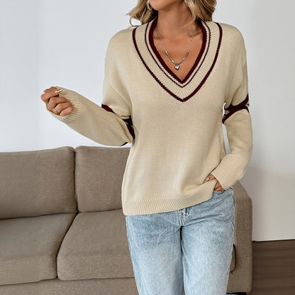 Loose Knit Sweater with Varsity Stripes and V-Neck