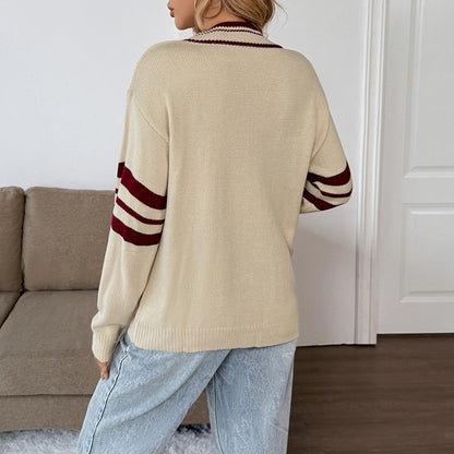 Loose Knit Sweater with Varsity Stripes and V-Neck