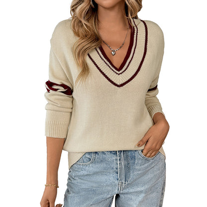Loose Knit Sweater with Varsity Stripes and V-Neck