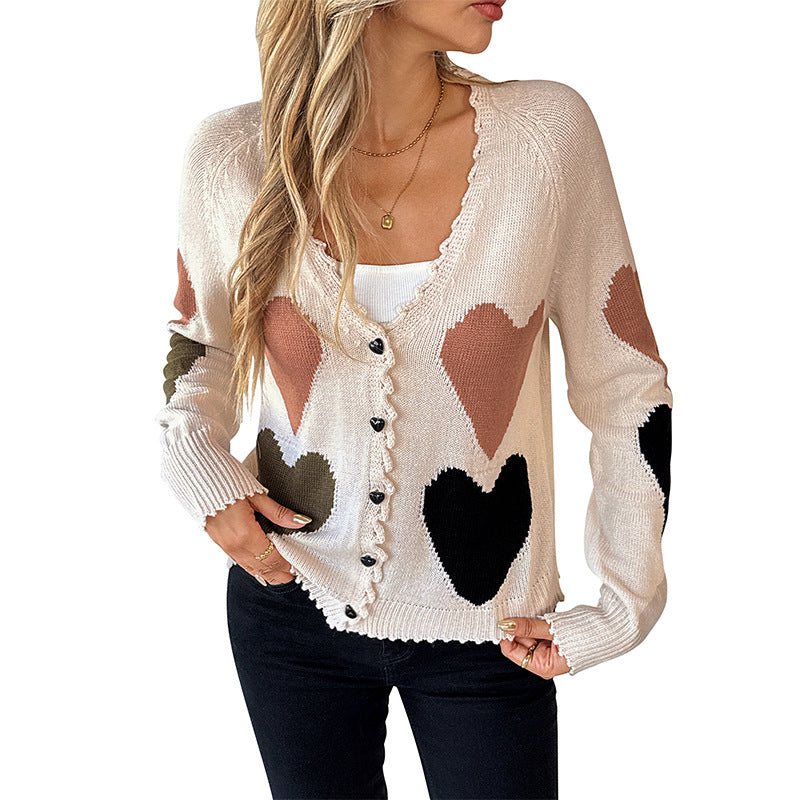 Heart Pattern Knit Cardigan with V-Neck and Scalloped Trim