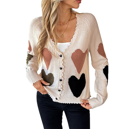 Heart Pattern Knit Cardigan with V-Neck and Scalloped Trim