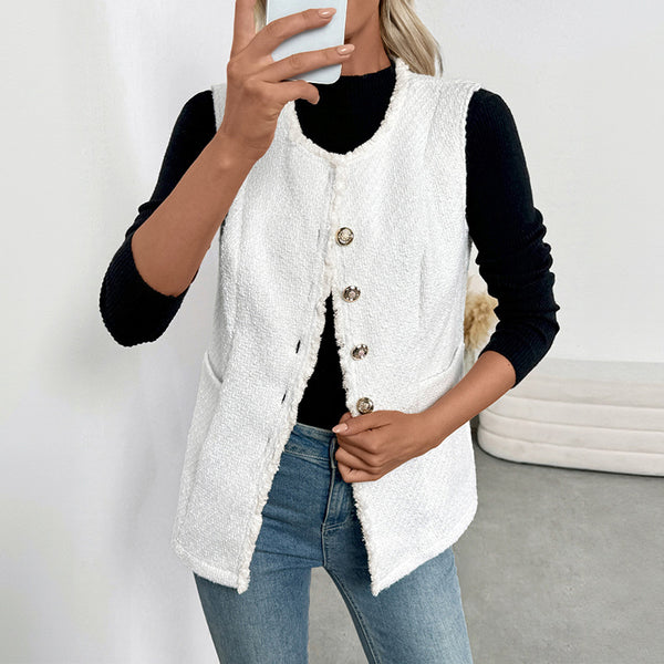 Solid Tweed-Style Vest with Fringed Trim and Gold Buttons