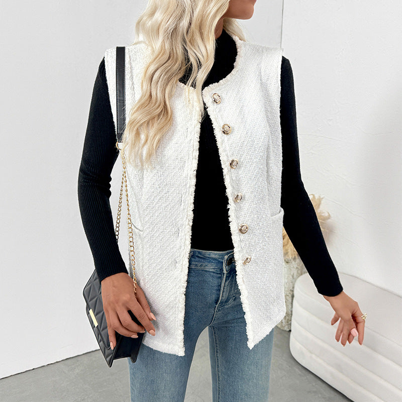 Solid Tweed-Style Vest with Fringed Trim and Gold Buttons