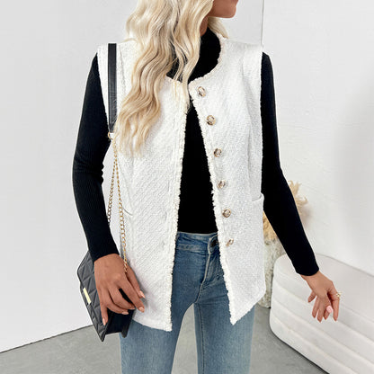 Solid Tweed-Style Vest with Fringed Trim and Gold Buttons