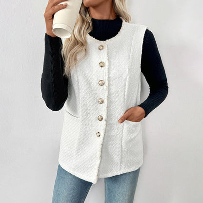Solid Tweed-Style Vest with Fringed Trim and Gold Buttons