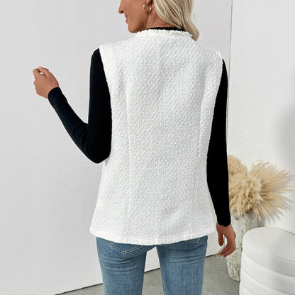 Solid Tweed-Style Vest with Fringed Trim and Gold Buttons