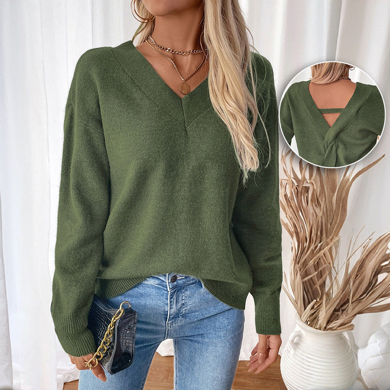 Solid Color Loose Sweater with V-Neck and Back Twist Detail