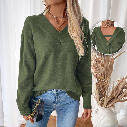 Solid Color Loose Sweater with V-Neck and Back Twist Detail
