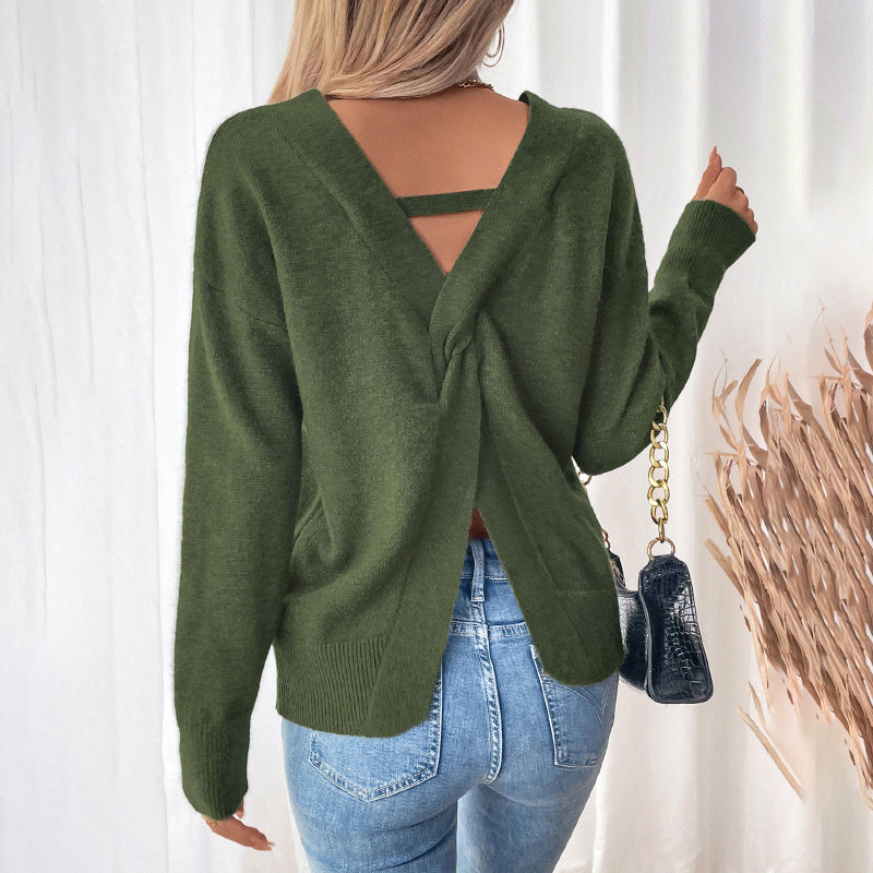 Solid Color Loose Sweater with V-Neck and Back Twist Detail