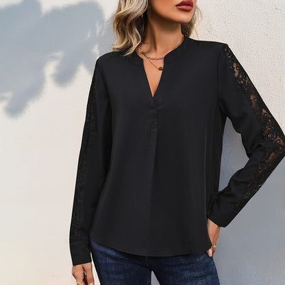 Solid Blouse with V-Neck and Lace Patchwork Sleeves