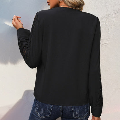 Solid Blouse with V-Neck and Lace Patchwork Sleeves