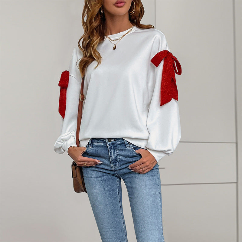 Loose White Sweatshirt with Red Bow Shoulders and Lantern Sleeves
