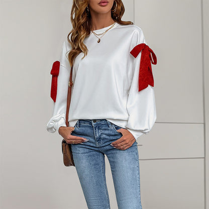 Loose White Sweatshirt with Red Bow Shoulders and Lantern Sleeves