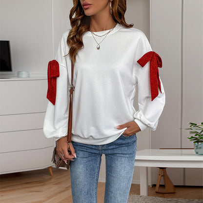 Loose White Sweatshirt with Red Bow Shoulders and Lantern Sleeves